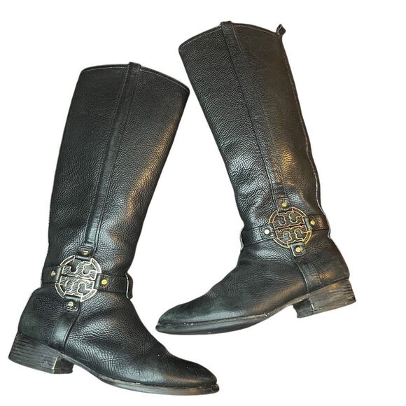 Tory Burch Logo Riding Boots Black Pebbled Leather Size 8 - Picture 1 of 14